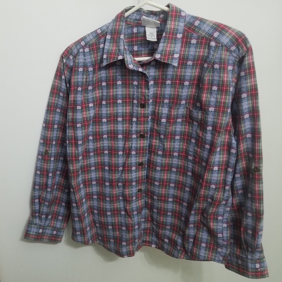 Koret City Blues Tops - Blue plaid w embroidered 💙s long sleeve button up blouse, EUC except button